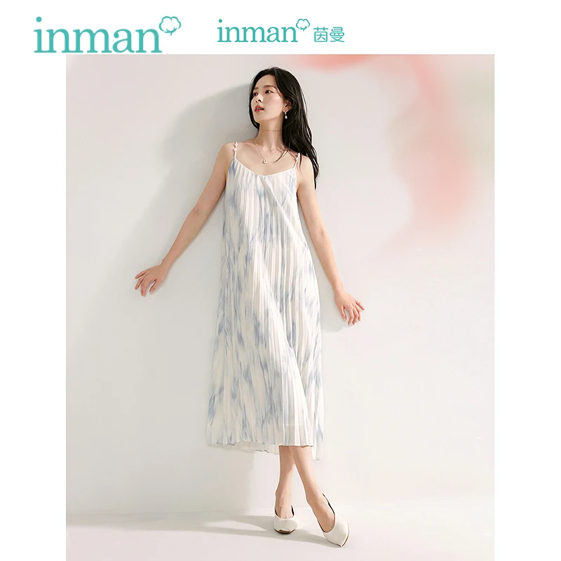 Inman Slip Women\'s Dress 2024 fall Strapless Dress new V-neck Loose Dress French Chic Pleated Temperament Long Skirt