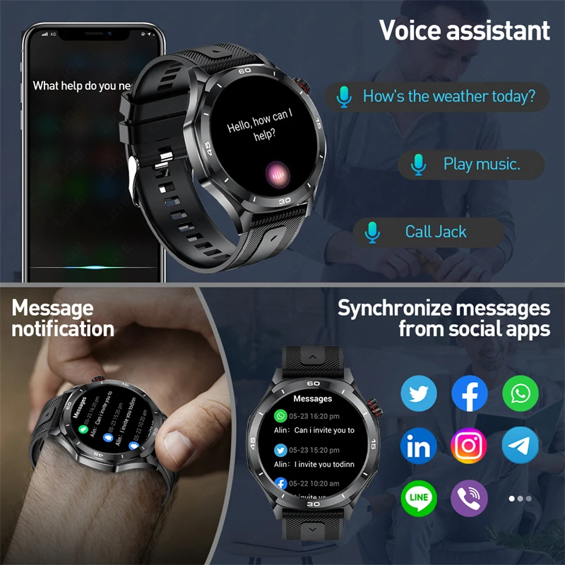 LIGE Men Smartwatch For Men Smart Watch Military Outdoor Sport AMOLED Screen Fitness Waterproof Watch Wireless Bluetooth Call