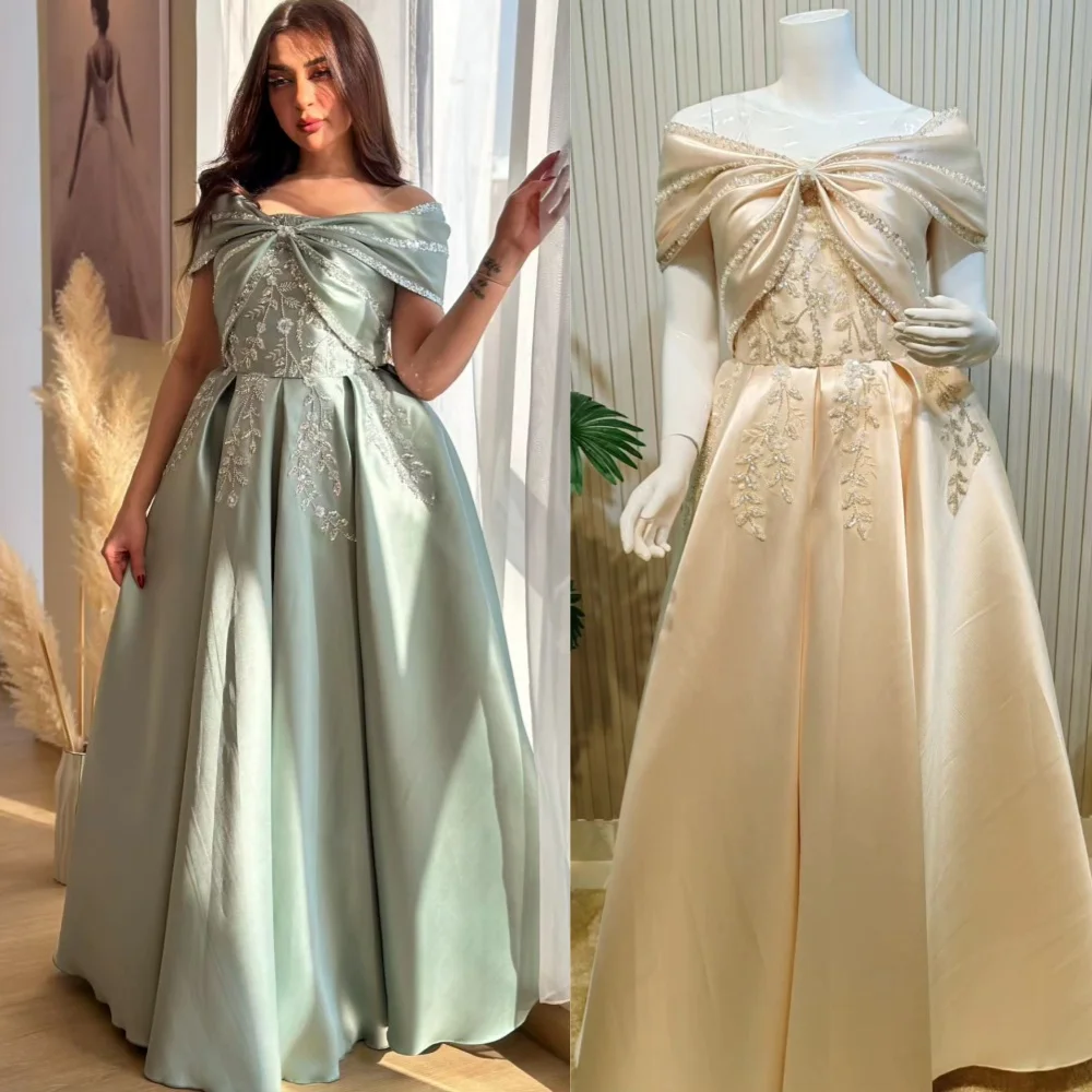 

High Quality Sparkle Exquisite Satin Draped Pleat Sequined Applique Prom A-line Off-the-shoulder Bespoke Occasion Gown