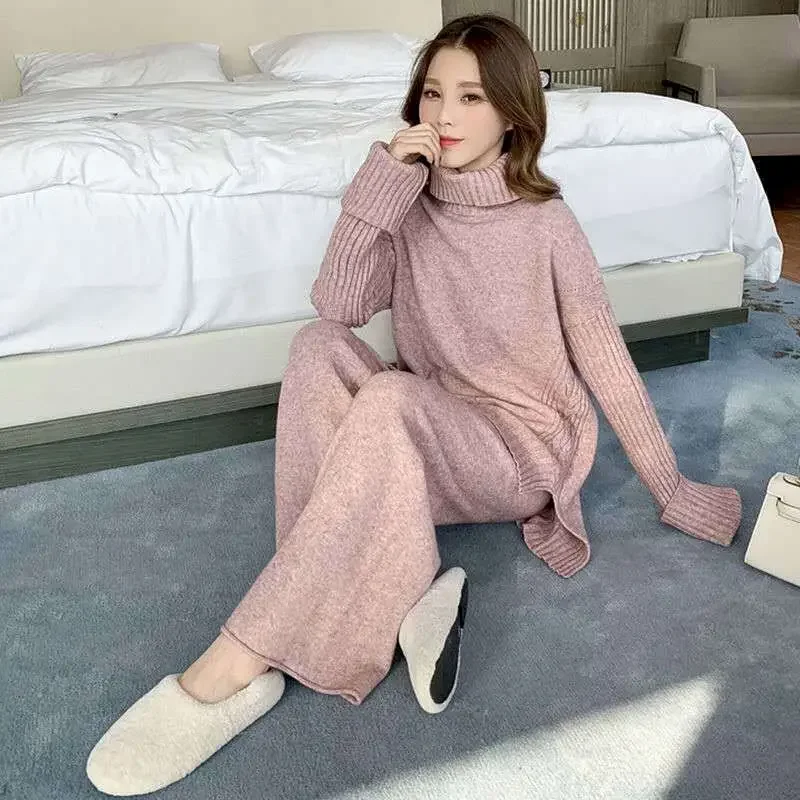 New Noble Sweater Suits Women Korean High-neck Knitting Pullover And Casual Wide Leg Trousers Two-piece Sets Winter Sweaters Set