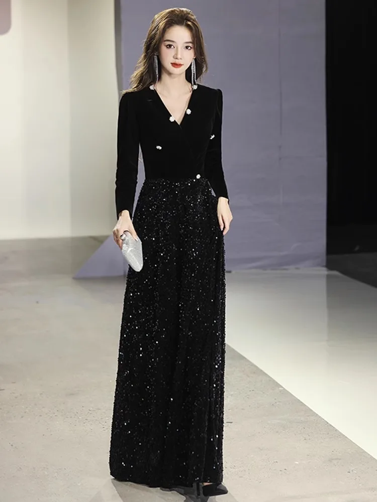 Evening Dress Black Long Sleeve 2024 New Banquet Socialite Temperament Art Exam Host Formal Fall Women's Clothing