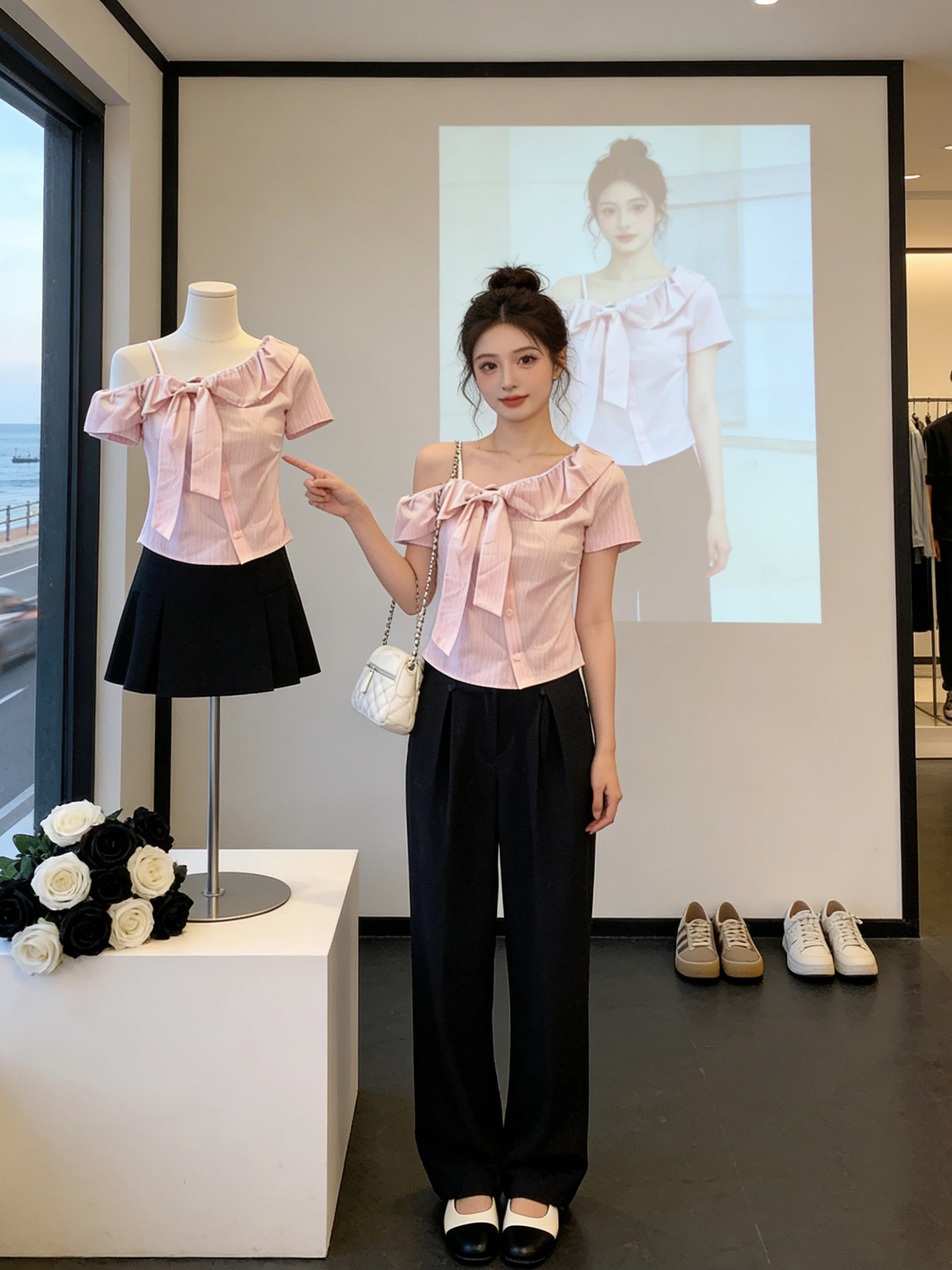 

Sweet Pink Striped Short Sleeve Slim Fit Shirt Women's Summer Fashionable Waist-Cinching Design Beautiful Top Korean Style