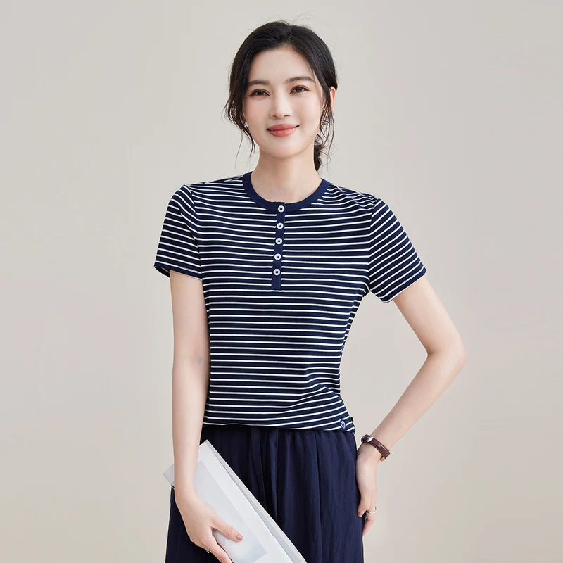 

Summer Women's Lyocell T-shirt Casual Stripe Short Sleeve Round Neck Button Tees Fit Tops