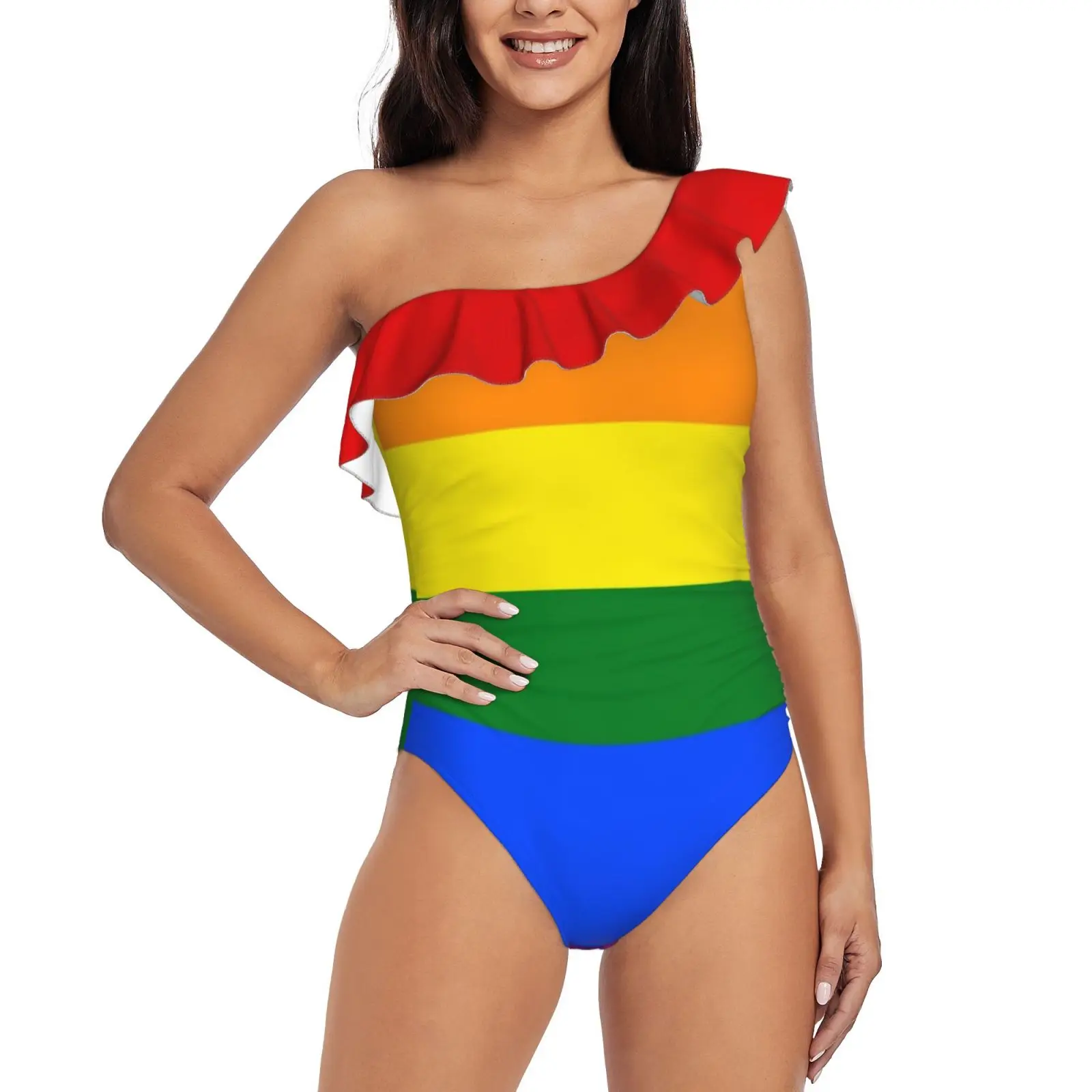 

Pride Rainbow Flag One Shoulder Ruffle Swimsuit One Piece Print Swimwear Women Bathing Suit Monokini Pride Rainbow Flag Parade