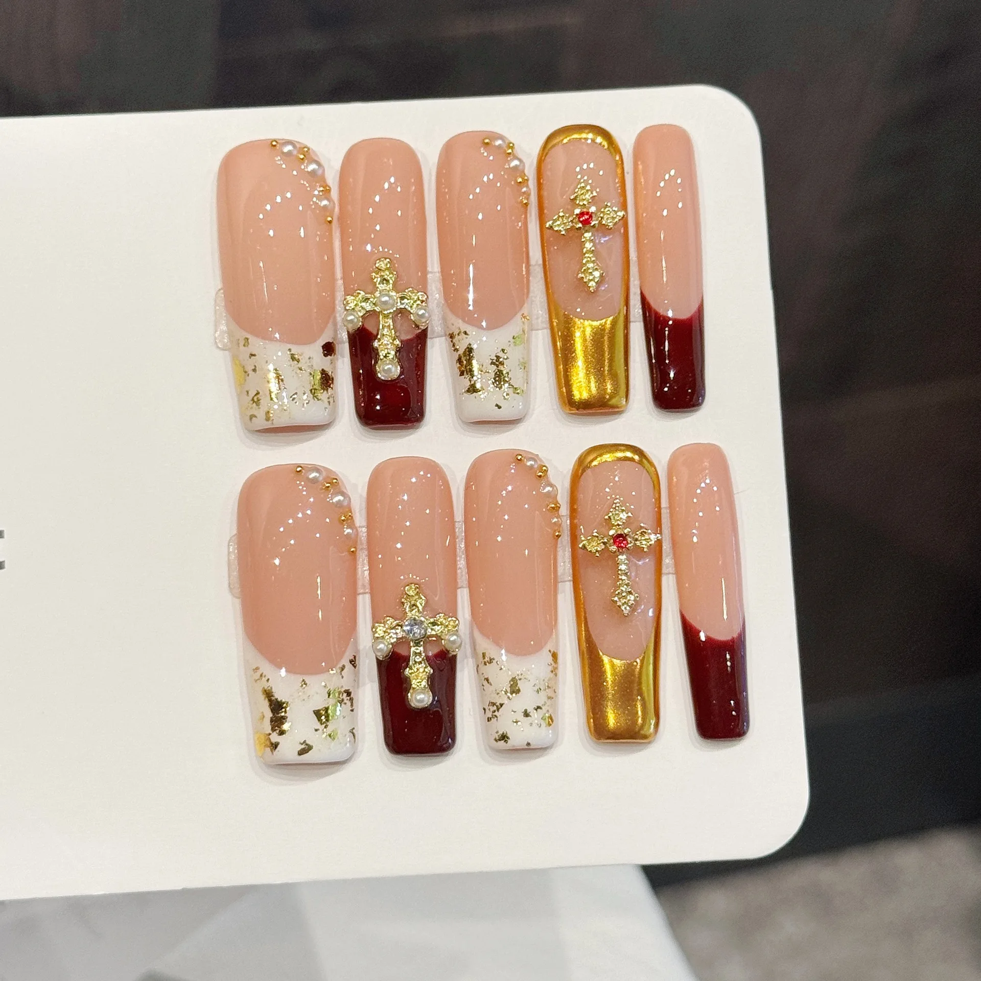 

10 PCS Luxury Handmade Press on Nails Long Square Golden red contrast Design with 3-PIECE Tool Adhesive Nail Glue Tabs