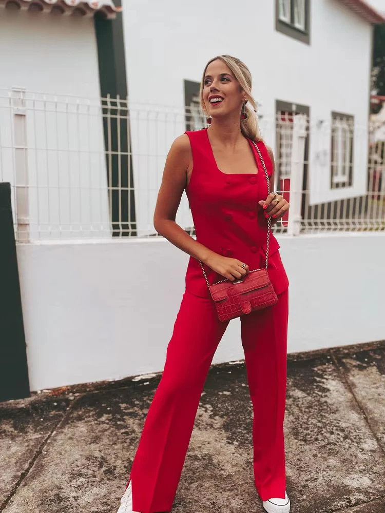 HH المرأة الصيف موضة الدعاوى الأحمر ساحة الرقبة أكمام جيوب مزدوجة الصدر صدرية أعلى منتصف الخصر شق Stralght السراويل