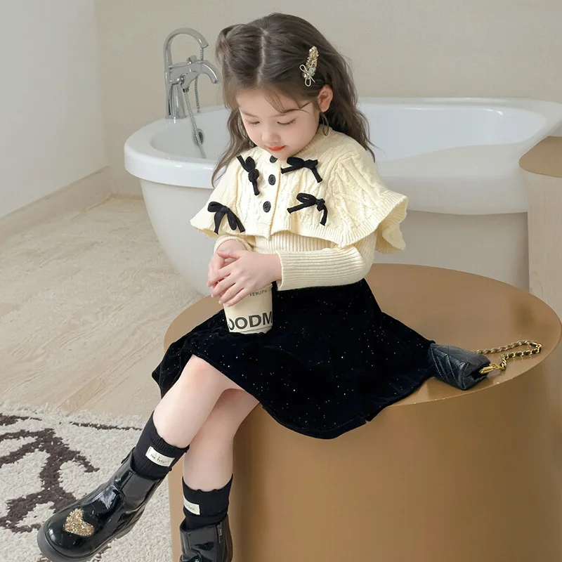 Korean Girls Set Spring And Autumn Girls Sweet Bow Cape Knitted Cardigan Sweater Velvet Skirt Set