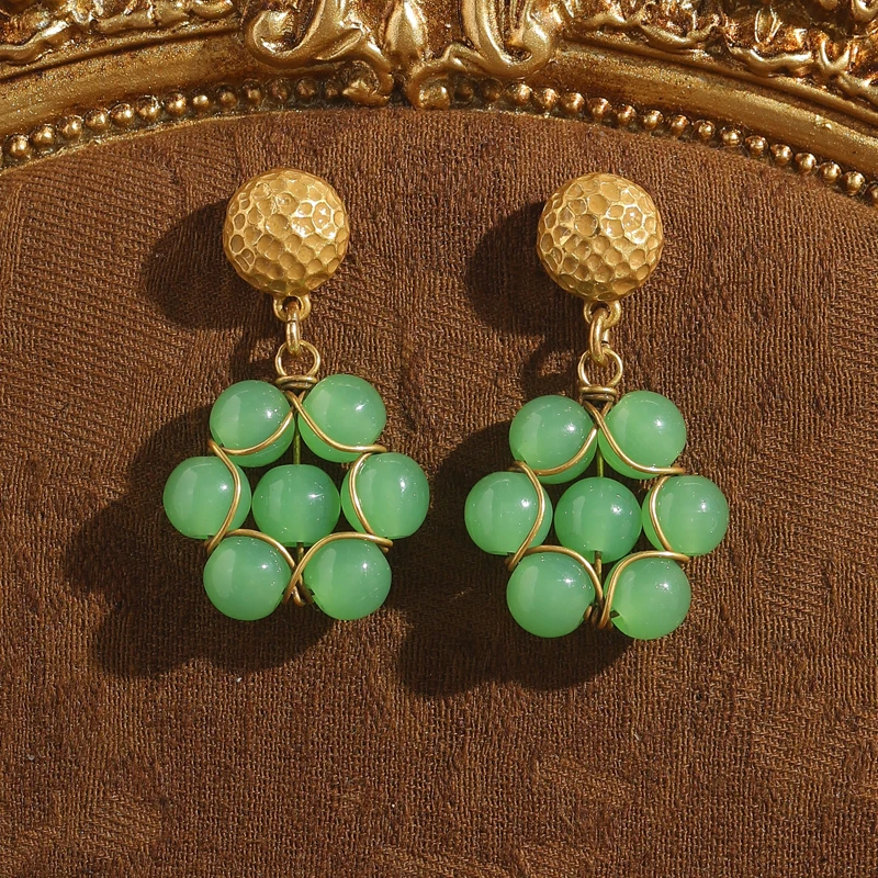 

Vintage Natural Stone Green Flower Drop Earring Antique Gold Plated Jewelry For Women Designer Luxury Party New Accessories 2026