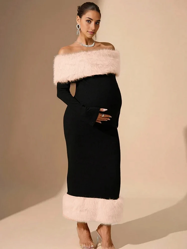 Off Shoulder Fur Trim Knit Maxi Maternity  Pregnancy Photo Dress Elegant Bodycon Gown Baby Shower Maternity Outfit Holiday Photo