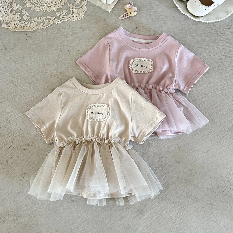 

Girls Top 2025 Summer New Childrens Wear Korean Style Baby Girl Fashion Sweet Princess Short Sleeve Mesh Top Casual Simple