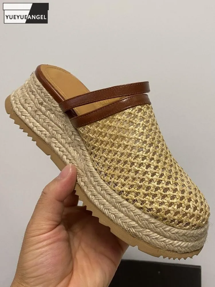 Korean Style Fashion Ladies Mesh Straw Weave Close Toe Leisure Platform Height Increase Slip On Solid Color Chunky Heel Slippers