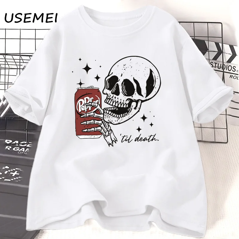 Till Death T-shirt Skeleton Halloween Tshirt Cute Dr Pepper T Shirt Skeleton Drinking Graphic T Shirts Cotton Short Sleeve Tees