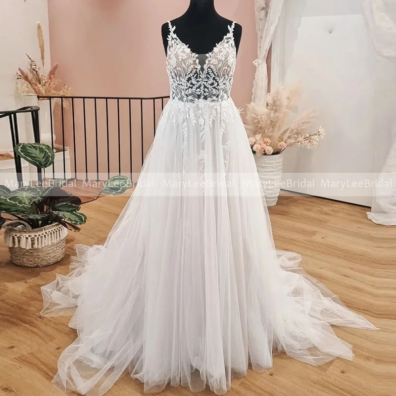 Applique Tulle V-neck Wedding Gown with Delicate Lace Straps Illusion Bodice A-line Bridal Dresses for Women suknie ślubne 2024