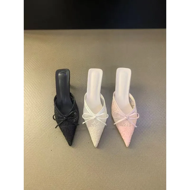 

Французские туфли-мюли с острым носком на тонком каблуке, женские, для улицы, элегантные, полуоткрытые