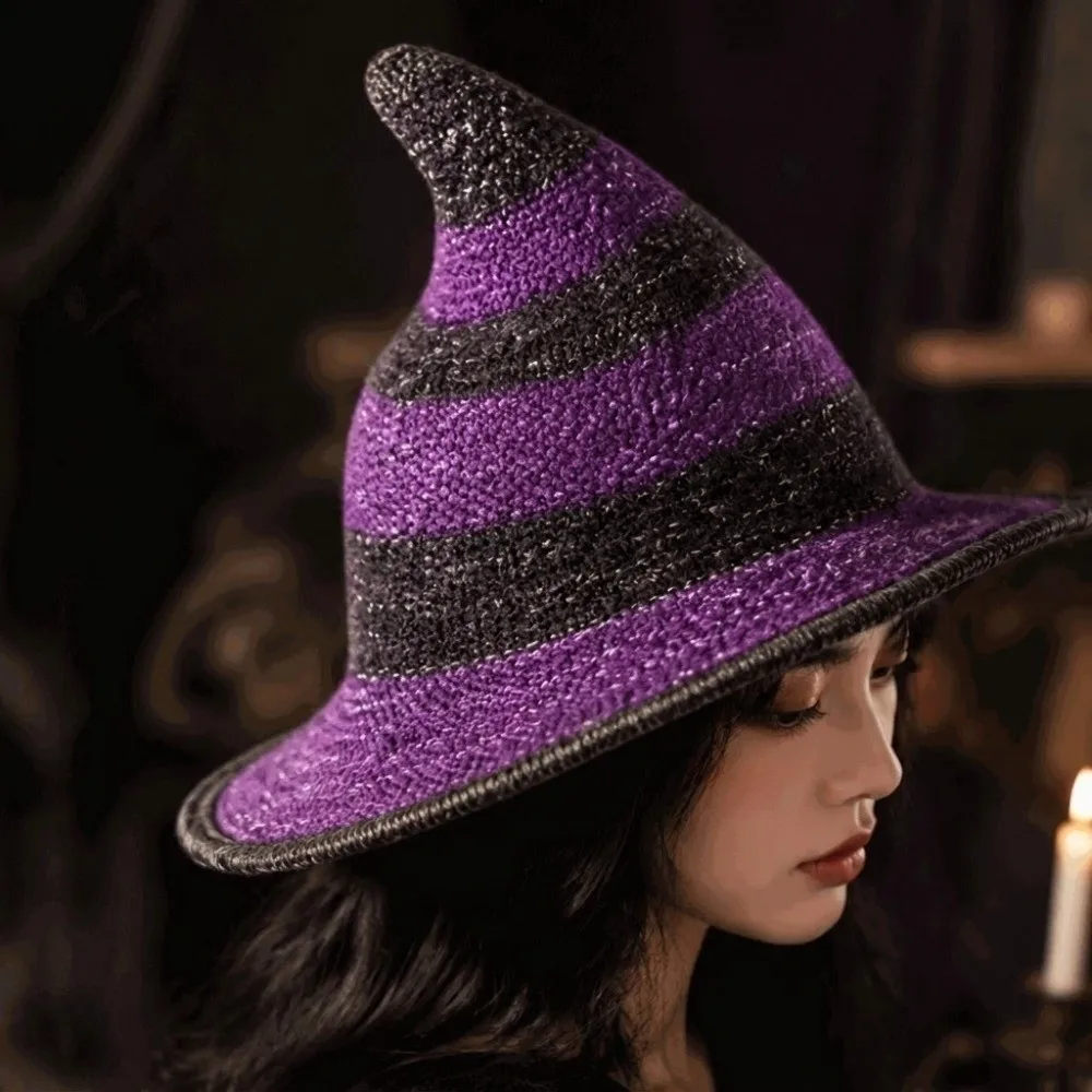 Wide Edges Witch Hat Color Blocked Spire Knitted Wizard Cap Breathable Foldable Halloween Hat Fairytale Festival Carnival