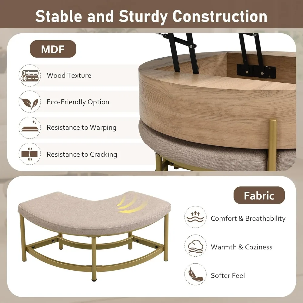 Merax Modern Round Lift-Top Coffee Table with Hidden Storage & 3 Ottoman, White + Natural