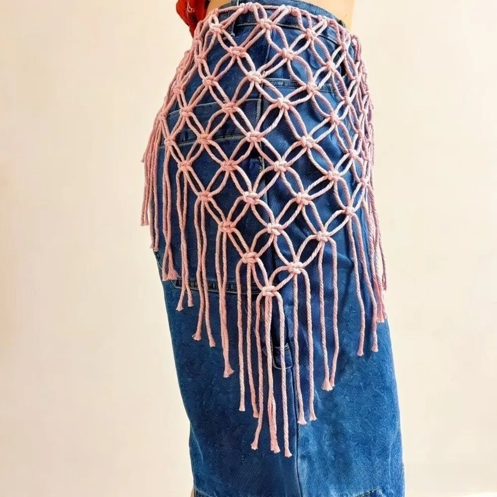 Bohemian Netted Fringe Waistband Decorative Tassel Ethnic Design Handwoven Bikini Cover Up Waist Wrap Women's Waist Accessory