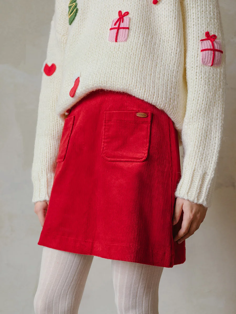 

Красная вельветовая юбка А-силуэта Bluwhite для женщин, модная, с завышенной талией, однотонная, короткая, для зимнего сезона