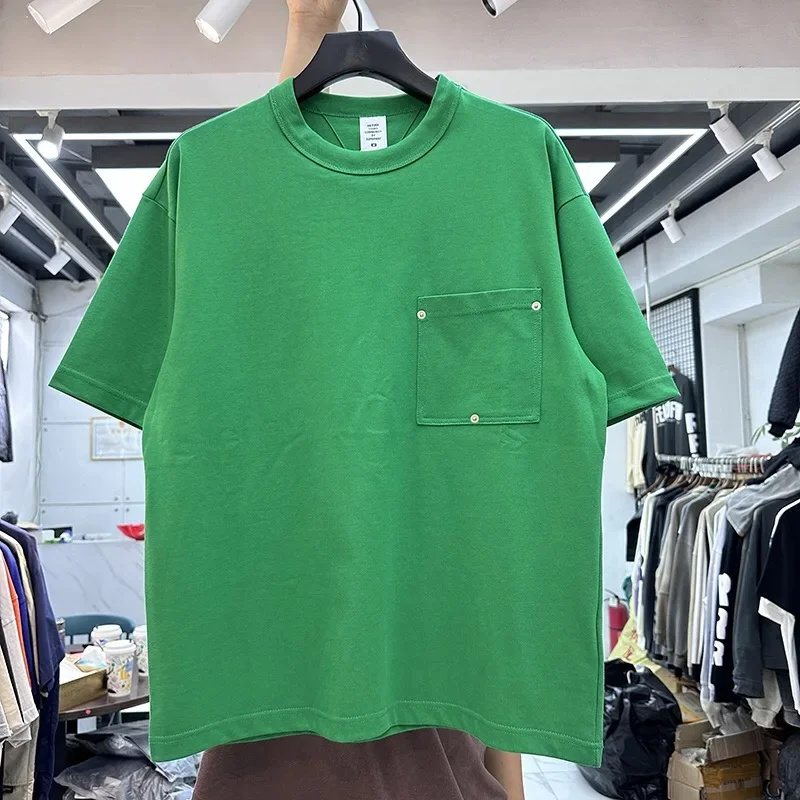 Solid Color T Shirt Chest Pocket with Three Half Buckle Men Women Oversize Streetwear Short Sleeve