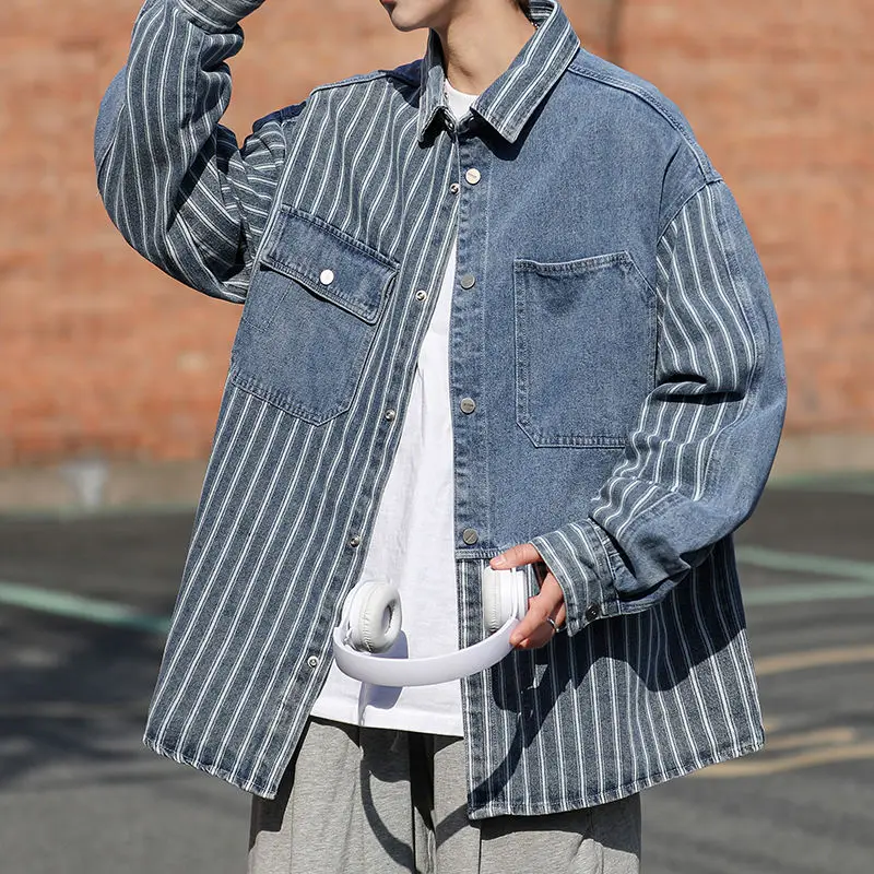 

Stripes Loose Denim Jackets Man Lxury Aesthetic High Quality Menswear Joker Vintage Worn Cheap Price Stylish Cowboy Coat for Men