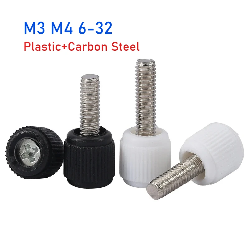 10pcs M3 M4 6#-32 Plastic Hand Screw Black White Carbon Steel Plastic Head Cross Groove Screw Computer Case Bolt
