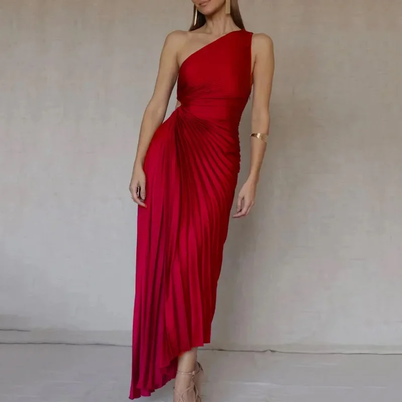 Colore puro pieghettato una spalla ritaglio Par Dr Street Sle V Ne gonna lunga a vita media una linea in poliestere estivo Dr