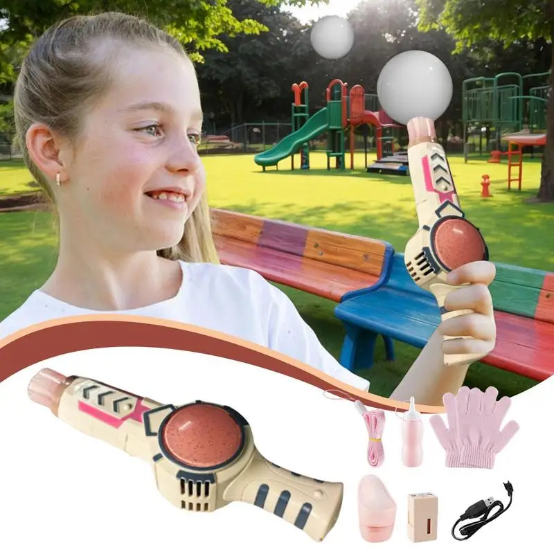 Máquina de bolhas para crianças, máquina de bolhas ao ar livre com neblina elástica, conjunto recarregável com solução de recarga, brinquedos sensoriais ao ar livre