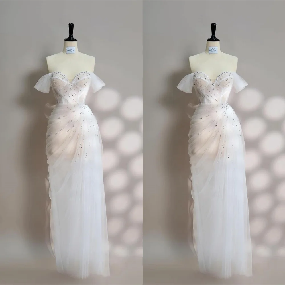 

Customized Luxury White Organza Sequined Wedding Dress Exquisite Strapless Off the Shoulder Short Sleeves Backless Bridal Gowns