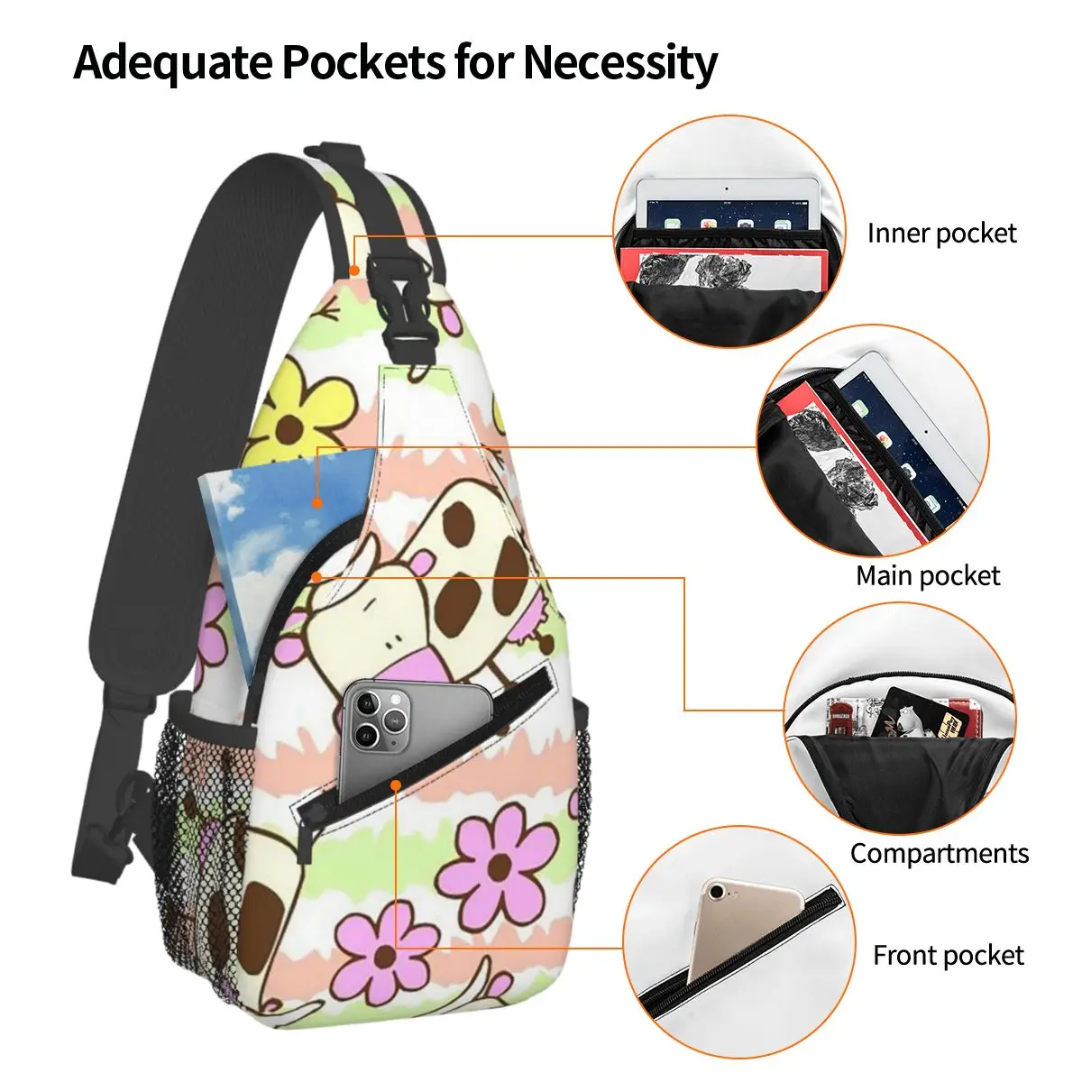 Funny Cartoon Cow Pattern Chest Bag Men Sling Crossbody Backpack Chest Bag Travel Hiking Daypack Shoulder Bag