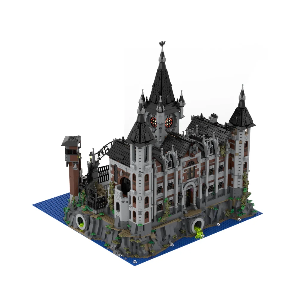 Gobricks MOC ภาพยนตร์ Modular Arkham Asylum Building Blocks รุ่นสีดํา Asylum ปราสาทอิฐประกอบของเล่นสําหรับของขวัญเด็ก