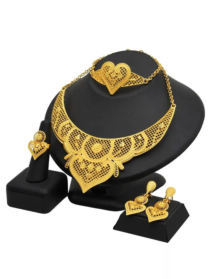 

24K Gold Jewelry Set Cross-Border 24K Gold Nelace Pendant Earrings Ring Bracelet Four-Piece Set Faionable Accories