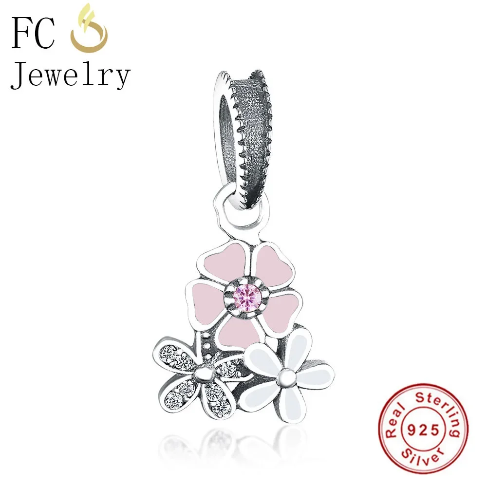 FC Jewelry Fit Original Pan Charms Bracelet 925 Sterling Silver Pink Enamel Flower Beads Pendant For Making Women Berloque