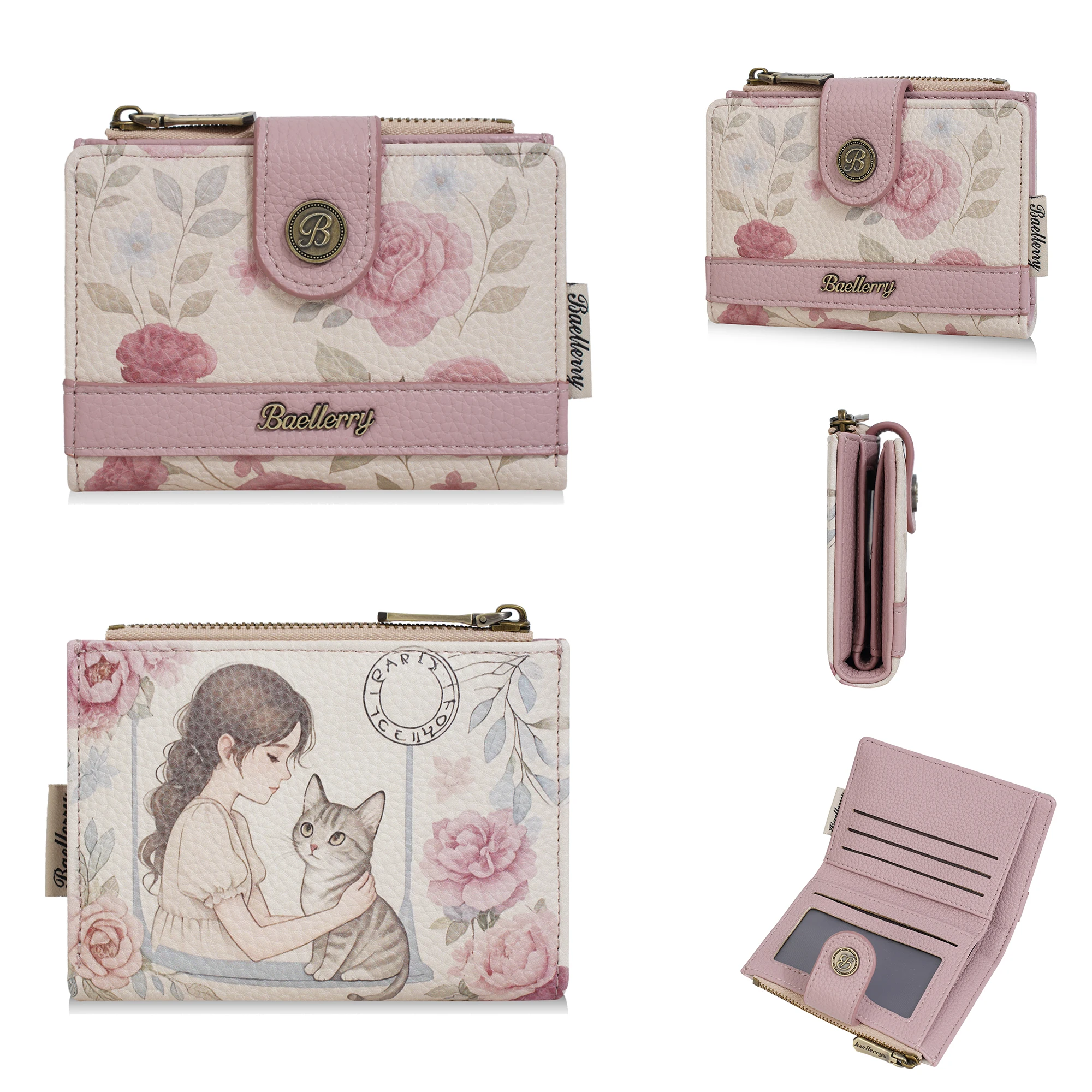 

Baellerry Новые модные женские кошельки с цветочным принтом, держатели для карт и удостоверений личности, кошельки на молнии, кошельки для монет, высококачественный маленький кошелек для девочек