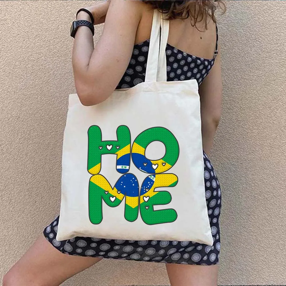 Brazil Map Brazilian Flag Heartbeat Love Heart Country Watercolor Shopper Harajuku Canvas Tote Shoulder Bag Eco Shopping Handbag