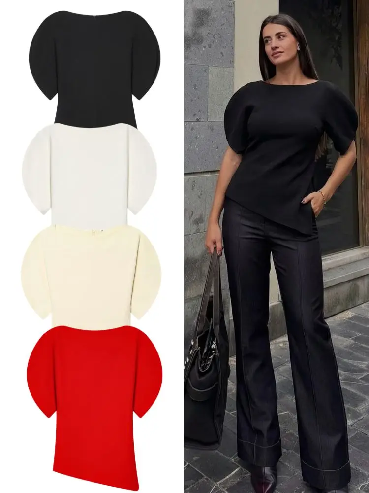 HH Frühling Sommer Damen Casual Asymmetrische T-Shirts Mode Einfarbig Damen O-Ausschnitt Kurze Puffärmel Bluse Büro-Chic Oberteile