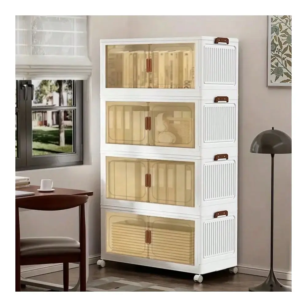 

Stackable Storage Box With Lid And Wheels, Folding Storage Box, Plastic With Door, Suitable For Wardrobes, Homes And Offices, C