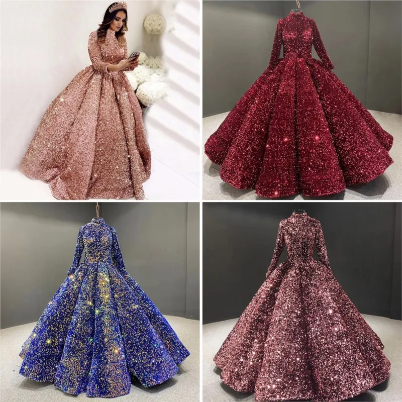 

Puffy and dreamy sequined performance stand-up collar long-sleeved dress