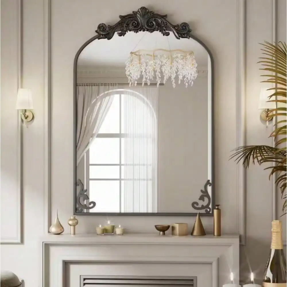 Arched Metal Framed with Carved Decoration Vanity Mirror Wall Mirror for Entryway, Bedroom Vanity, Living Room, Hallway Decor
