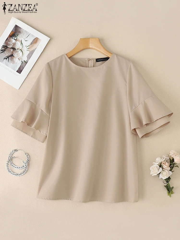 

ZANZEA Casual Womens Tops Fashion Half Ruffles Sleeve 2025 Summer Streetwear Blusas Mujer O-Neck Solid Color Day Wear Blouses