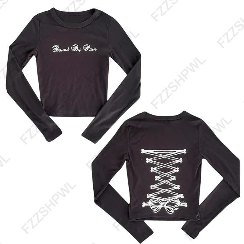 القوطية الجرونج الشرير Y2K المرأة طويلة الأكمام تي شيرت مثير سليم شيك الجرافيك طباعة المحاصيل القمم الألفية Harajuku الهيب هوب الشارع الشهير