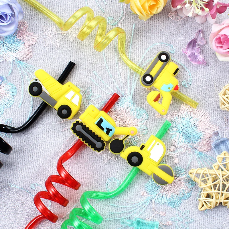 6pcs Colorful construction excavator-themed straws, perfect for parties and school events; reusable spiral straws