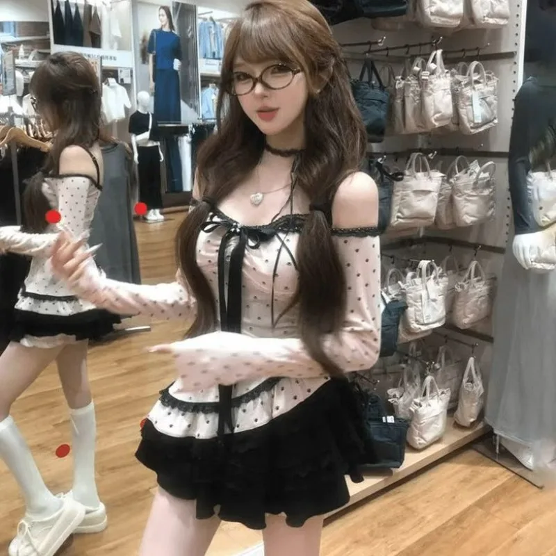 2025 New Autumn Sweet and Spicy Girl Fluffy Dress Set French Temperament Wave Point Lace Edge Camisole Shirts and Dress Set