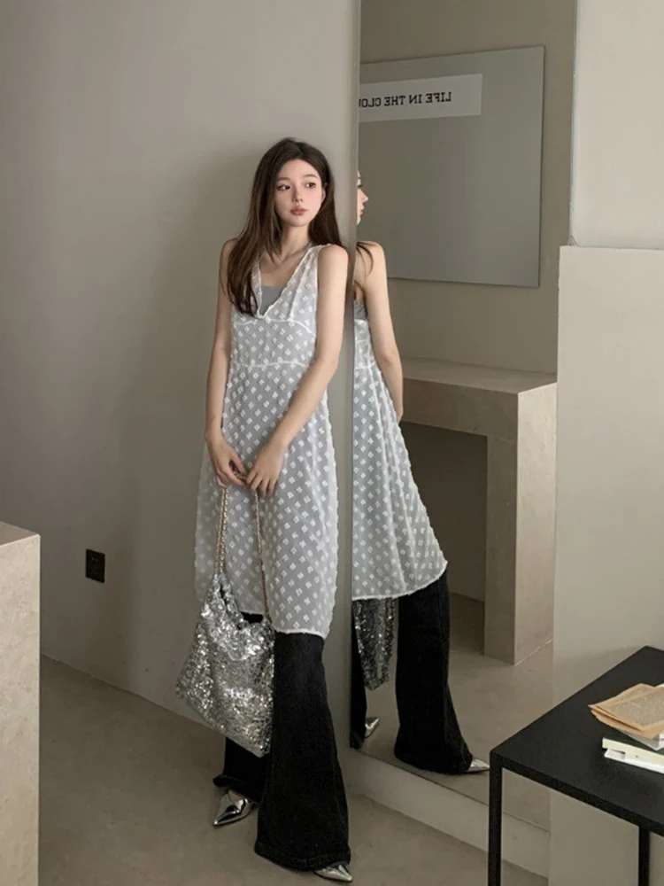 Vestido Colete em Camadas Estilo Coreano F Novo 2025 Vestido ter de Renda Branca Vestido Midi com Cortina de Rede e...