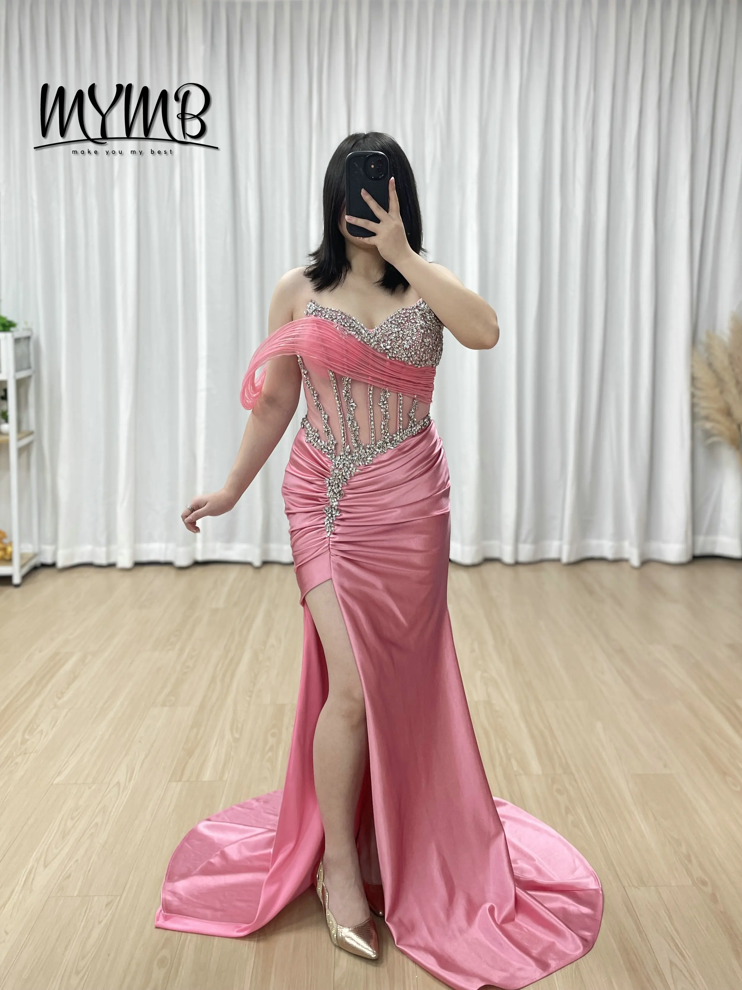 

MYMB Элегантное ярко-розовое атласное платье для выпускного вечера со сверкающим лифом со стразами Иллюзионный корсет с высоким разрезом Вечерние платья MB40459