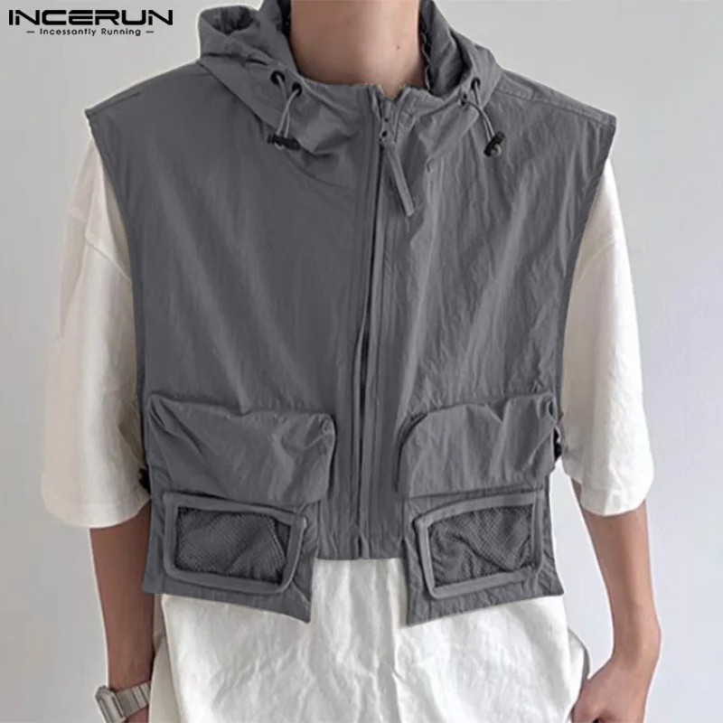 

INCERUN Tops 2024 Korean Style Men's Thin Cropped Zippered Hooded Design Vests Casual City Walk Solid Sleeveless Waistcoat S-5XL