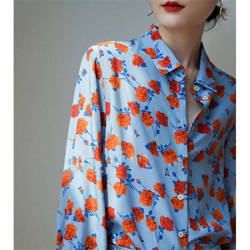 Women\'s Clothing 2023 Flower Print Vintage Elegant Button Up Shirt Trendy Street Chic Blouse Long Sleeve Loose Tops Blusas Mujer