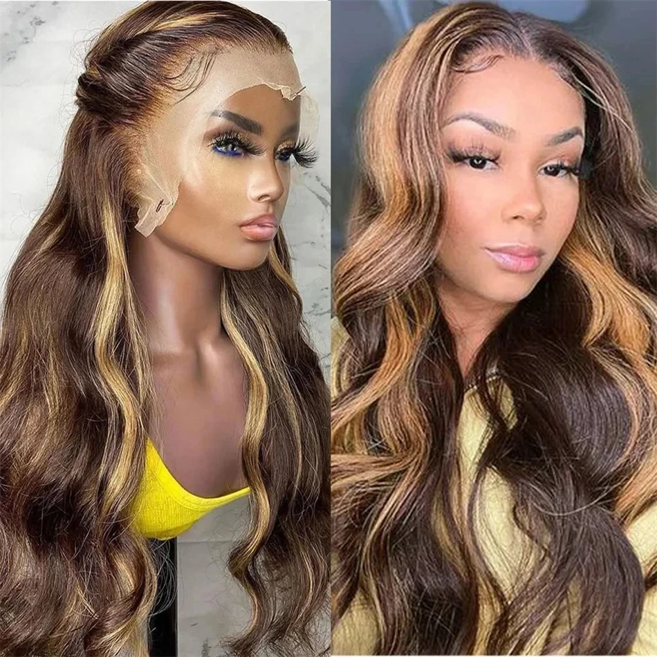 P4/27 13x6 Highlight Brown Colored Lace Front Human Hair Wigs For Women Body Wave Glueless Honey Blonde Lace Frontal Wig