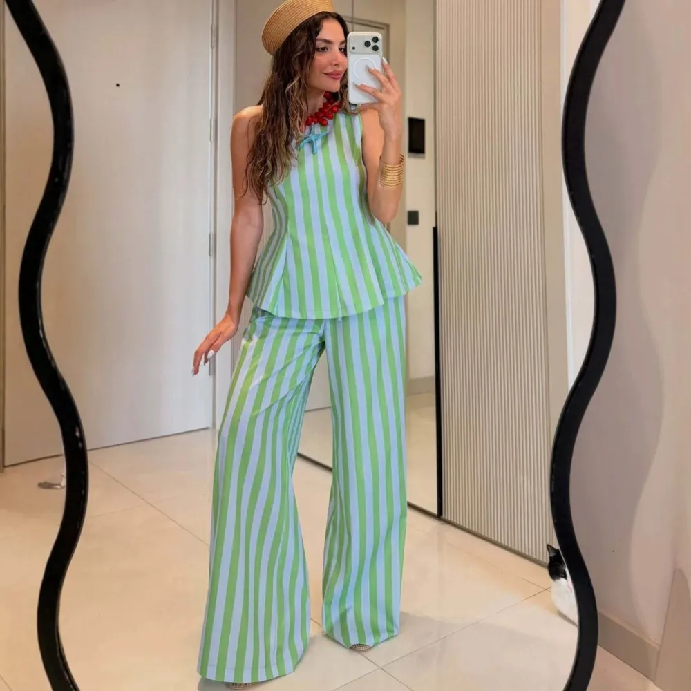 Women Fashion Striped Print Two Piece Sets Spring Summer Sleeveless Peplum Top + High Waist Wide Leg Pants Matching Casual Set