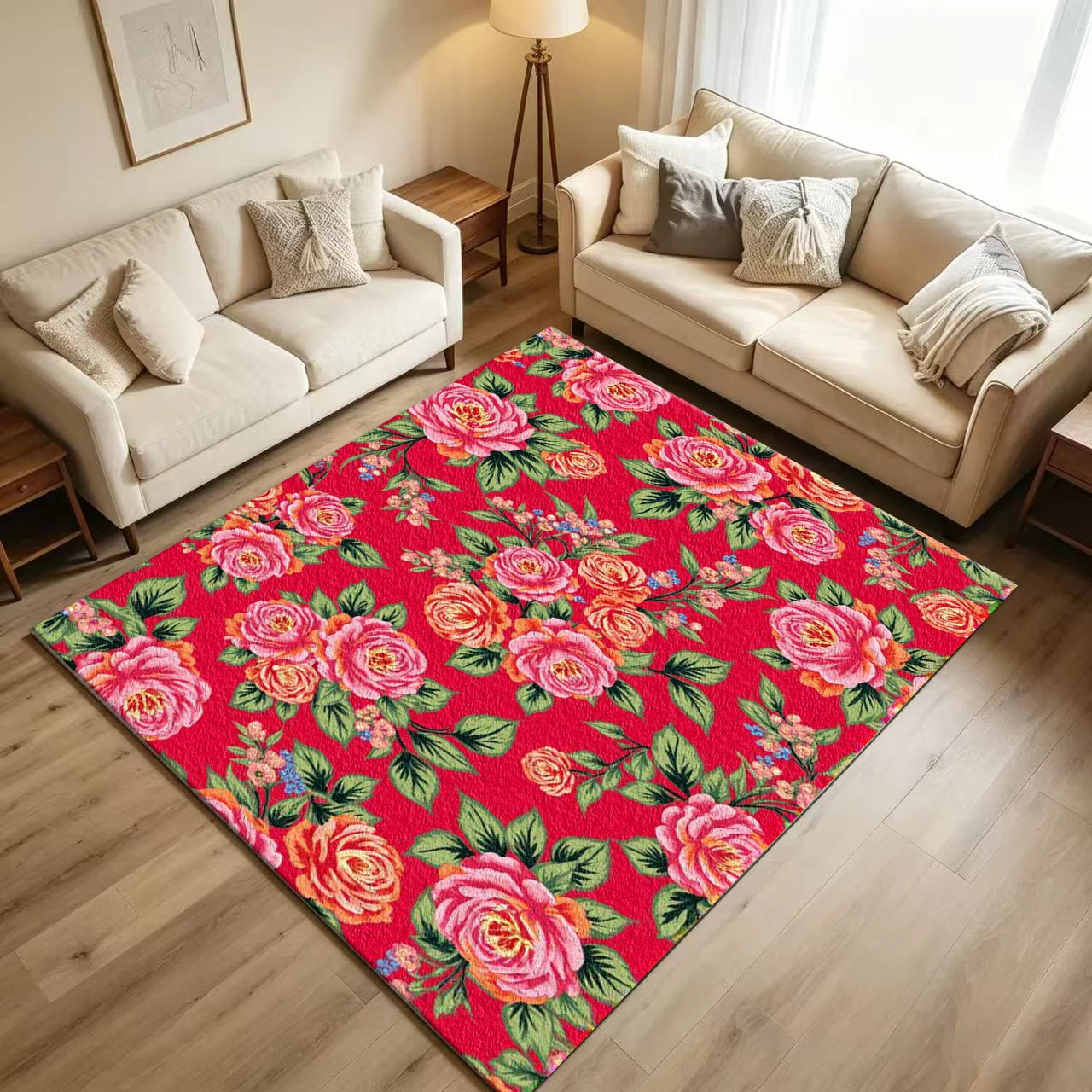 Bright Red Background Peony Rose Floral Carpet Flooring Vibrant Vintage Garden Flower Leaf Seamless Pattern Printed Floor Rug for Household Indoor Vivid Home Decoration