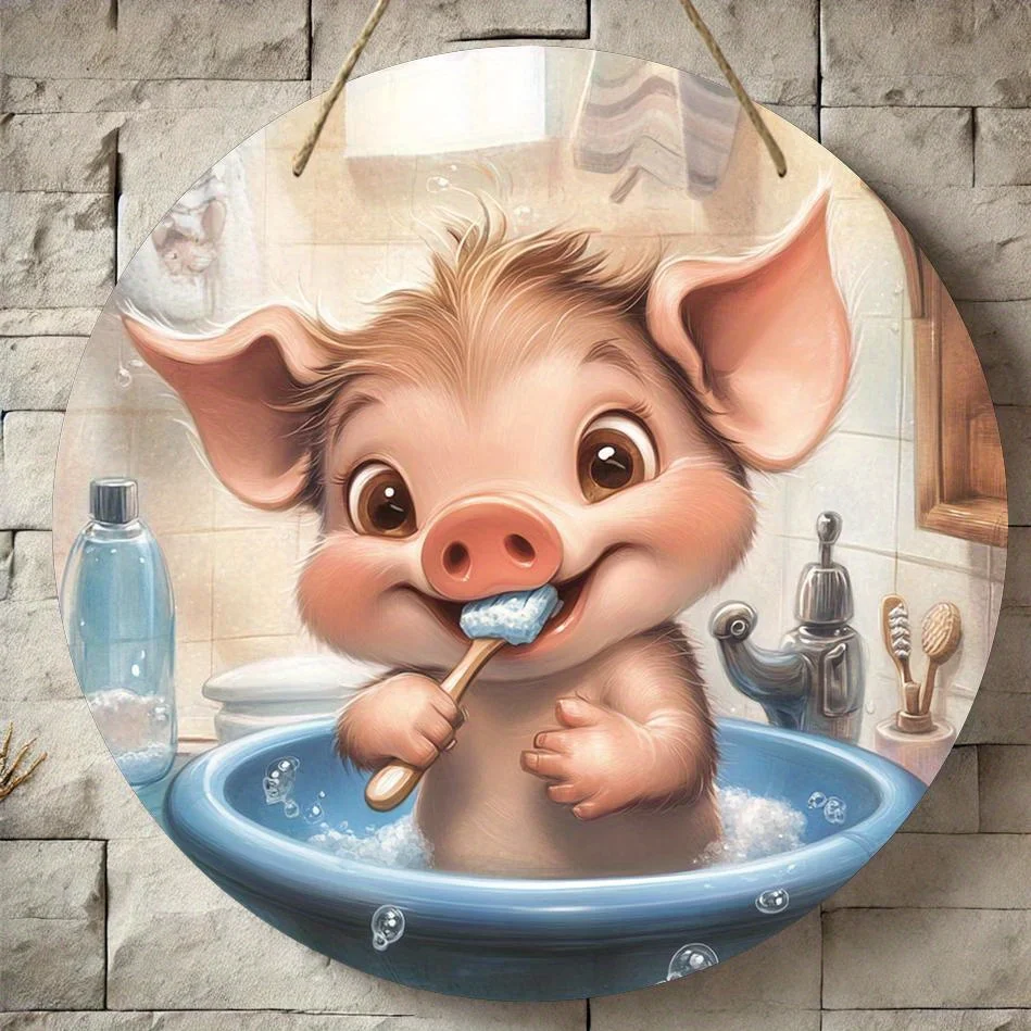 2D flach – 1 Stück, rundes Holzschild mit Schweinethema, 2D-gedruckte Wandkunstdekoration, 8,0 x 8,0 Zoll cm, geeignet für Bars, Küchen, Cafés,